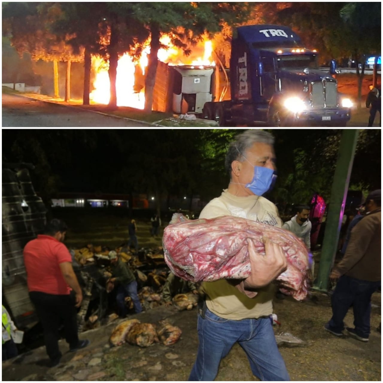 VIDEO: Tras accidente de tráiler que trasportaba carne de res, acuden a la rapiña